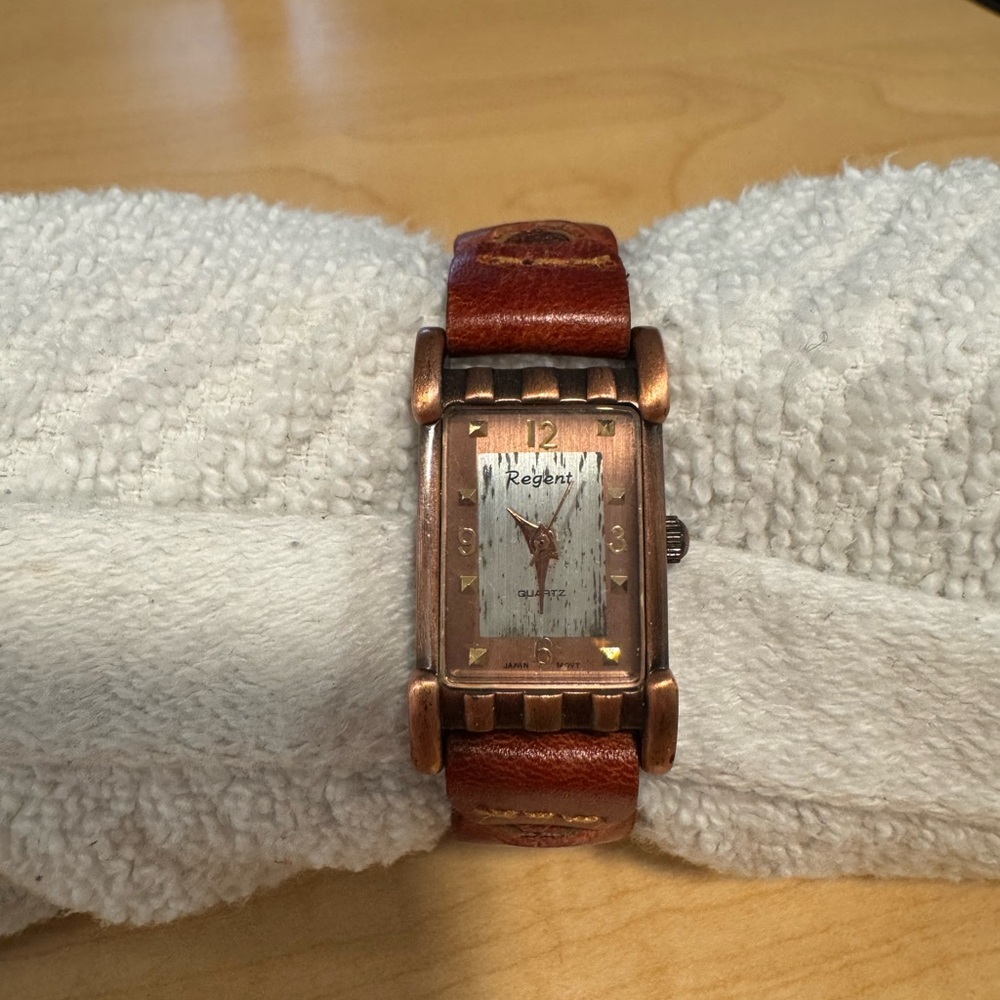 Regent Rectangular Copper-Tone Watch with Brown Leather Strap